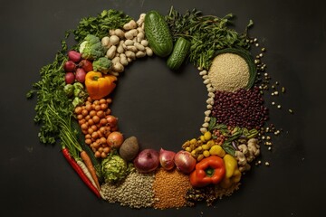 Poster - Fresh vegetables, grains, and legumes are artfully arranged in a circular display, showcasing their vibrant colors and textures. Generative AI
