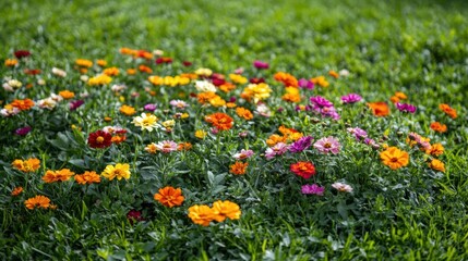 Aufkleber - A bright and lively field showcases a diverse array of colorful flowers flourishing fully among the lush green grass in spring. Generative AI