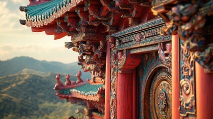 Wall Mural - A close-up of the templea??s intricately designed entrance, showcasing the detailed carvings and vibrant colors of the structure against a backdrop of rolling hills.