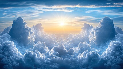 Wall Mural - A breathtaking sunrise over a sea of clouds, with golden light shining through the clouds.