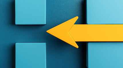 Wall Mural - blue rectangular shapes with a large yellow arrow pointing right on a textured blue background, repr