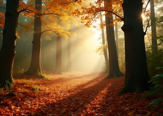 Wall Mural - Soft morning light filters through the trees in a tranquil woodland glade, where vibrant autumn leaves cover the forest floor.