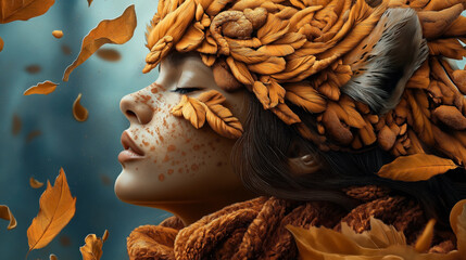 Wall Mural - Artistic depiction of a woman's profile adorned with an elaborate autumn leaf headpiece, surrounded by floating leaves, focusing on an autumnal theme with vibrant colors and textures.