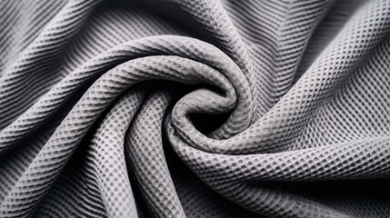 Wall Mural - Close-up of textured gray waffle pattern fabric with folds and shadows, creating an intricate swirling design.