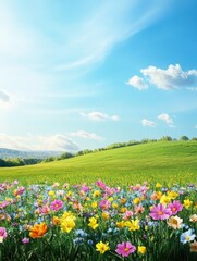 Poster - A variety of colorful flowers flourish in a bright green meadow, enjoying the sunlight and a clear blue sky on a lovely spring day. Generative AI