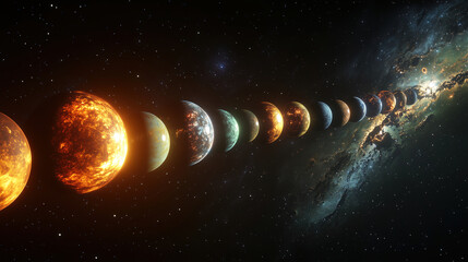 Aufkleber - A stunning visual journey through the solar system showcasing planets aligned against the backdrop of distant galaxies at night. Generative AI