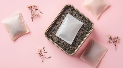 Poster - Jasmine tea bags arranged in a vintage tin box, isolated on a soft pastel pink background with loose tea leaves