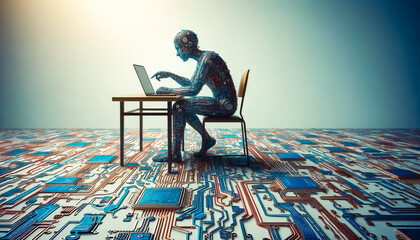 man at computer with space for text on light background