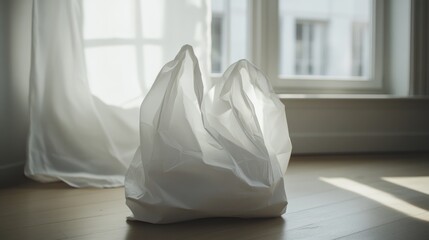 Sticker - A crumpled white bag stands on a wooden floor near a window.