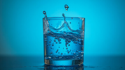 Splash of water in a clear glass against blue background