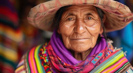 Portrait of indigenous people of Peru and South America, dressed in colorful native clothes