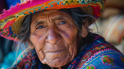 Wall Mural - Portrait of indigenous people of Peru and South America, dressed in colorful native clothes