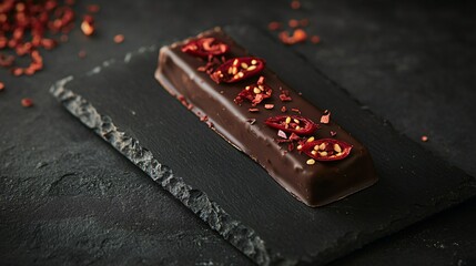 Poster - A bar of dark chocolate with red chili pepper slices, styled on a black slate with dramatic lighting