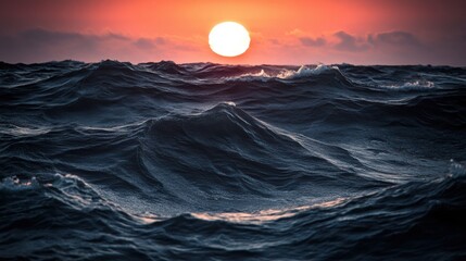 Poster - The sun sets on the horizon, casting warm colors over the rolling ocean waves, creating a tranquil and beautiful atmosphere. Generative AI
