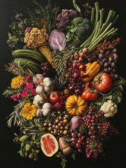 Aufkleber - Colorful and fresh vegetables, grains, and legumes are artistically displayed, showcasing a variety of textures and colors against a dark backdrop. Generative AI