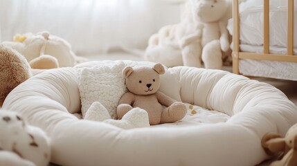 A cozy baby nest surrounded by soft pillows and plush toys, creating a perfect spot for relaxation.