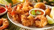 © ArpPSIqee - A plate of crispy coconut shrimp with golden-brown coconut flakes, served with sweet chili sauce for dipping