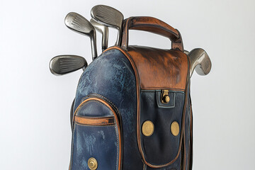 Wall Mural - Retro golf bag with aged brass hardware and weathered clubs on white.