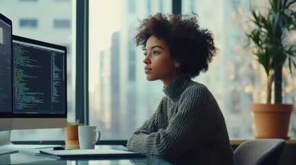 the focused woman coding
