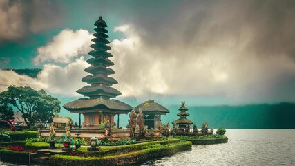 Wall Mural - Ulun Danu Beratan Temple in Bali - Bali's Iconic Lake Temple, is both a famous picturesque landmark and a significant temple complex on the western side of Beratan Lake. Bali, Indonesia 4K Time lapse