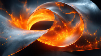 Poster - Intertwined black and orange ribbons forming an abstract spiral with a radiant glow effect,