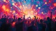 © Ckip - Vibrant concert crowd silhouette with raised hands under dynamic, colorful stage lights and glowing orbs, capturing the excitement of live music and pop culture entertainment.