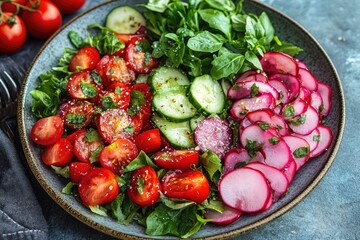 Sticker - Fresh vegetable salad with tomatoes, cucumbers, and radishes in a bowl