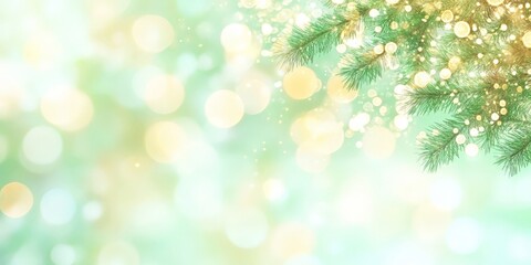 Wall Mural - A festive background of green bokeh lights with pine tree branches, evoking a warm and cheerful holiday atmosphere.