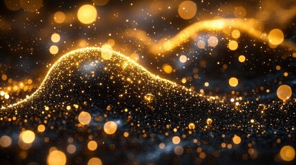 Wall Mural - abstract golden glitter wave with bokeh lights on black background.