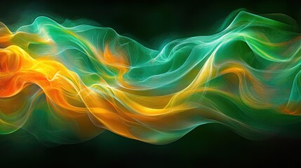 Wall Mural - abstract green, orange and yellow flowing waves on a black background.