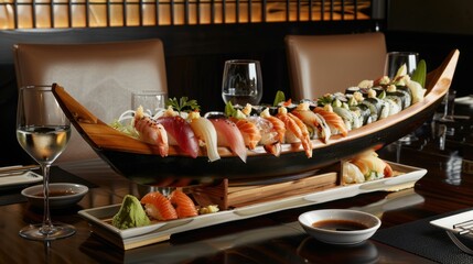 a succulent sushi boat brimming with an array of nigiri, sashimi