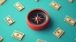 © Joe - A vibrant compass surrounded by scattered dollar bills on a teal surface, symbolizing guidance in financial ventures.