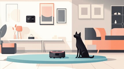 Fototapete - A black dog sits on a rug in a stylish living area with a robot vacuum and a smart pet feeding station, showcasing a pet-friendly design. Generative AI