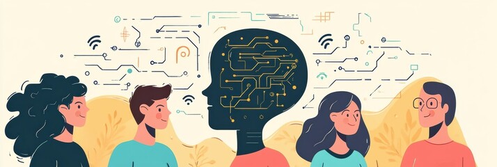 Aufkleber - A diverse group of individuals looks towards an abstract AI system, engaging in discussions about technology and its impact on society. Generative AI