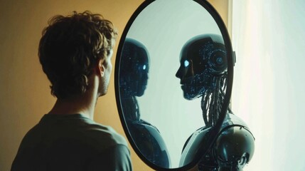 Aufkleber - A human stands in front of a digital mirror, observing a robot reflection with glowing eyes in a tranquil indoor setting. Generative AI