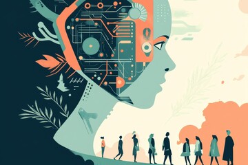 Aufkleber - A group of individuals engages with an innovative abstract AI system, exploring the intersection of technology and human interaction. Generative AI
