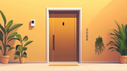 Aufkleber - The entrance displays advanced security technology with a fingerprint scanner, cameras, and vibrant plants enhancing the design. Generative AI