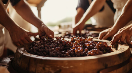 A small group of people carefully pressing grapes in a traditional wine-making process, set against a clean white background.