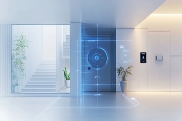 Aufkleber - The entrance showcases advanced security features, including cameras, motion sensors, and a fingerprint lock for secure access. Generative AI