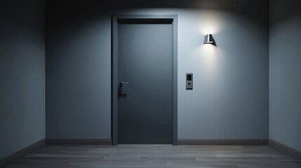 Poster - The entrance of a high-tech home displays smart security systems including motion sensors, cameras, and a fingerprint lock for safety. Generative AI