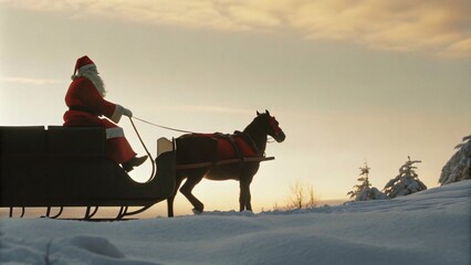 Santa on horseback delivering presents with a Texas sunset in the background