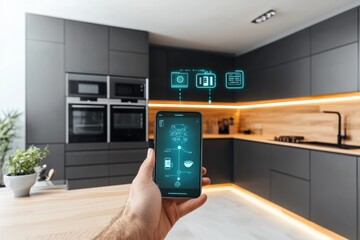 Fototapete - A person is using a smartphone to control a smart appliance in a sleek modern kitchen with elegant design and ambient lighting. Generative AI