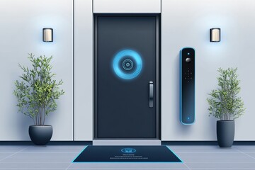 Aufkleber - This sophisticated home entrance showcases high-tech security features like cameras, sensors, and a fingerprint lock for added protection. Generative AI