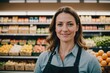 © ThomasLENNE - Close portrait of a smiling 40s Canadian female grocer standing and looking at the camera, Canadian grocery store blurred background