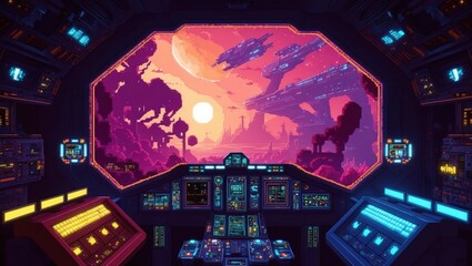 Canvas Print - Wallpaper game art, interior of spaceship, pixel art