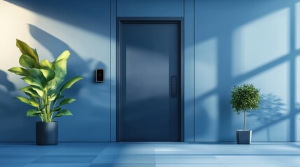 Poster - This high-tech home entrance showcases smart security cameras and a fingerprint scanner for added security and convenience. Generative AI