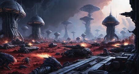 Canvas Print - Wallpaper war between aliens and ancient world of chaos