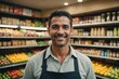 © ThomasLENNE - Close portrait of a smiling 40s Costa Rican male grocer standing and looking at the camera, Costa Rican grocery store blurred background