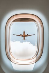 Wall Mural - View of an airplane approaching for landing through a passenger window in the sky at dawn