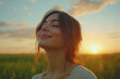 © MashMash - Smiling Woman in Natural Sunset Glow, Outdoor Portrait Depicting Happiness, Beauty, and Relaxation in a Scenic Meadow